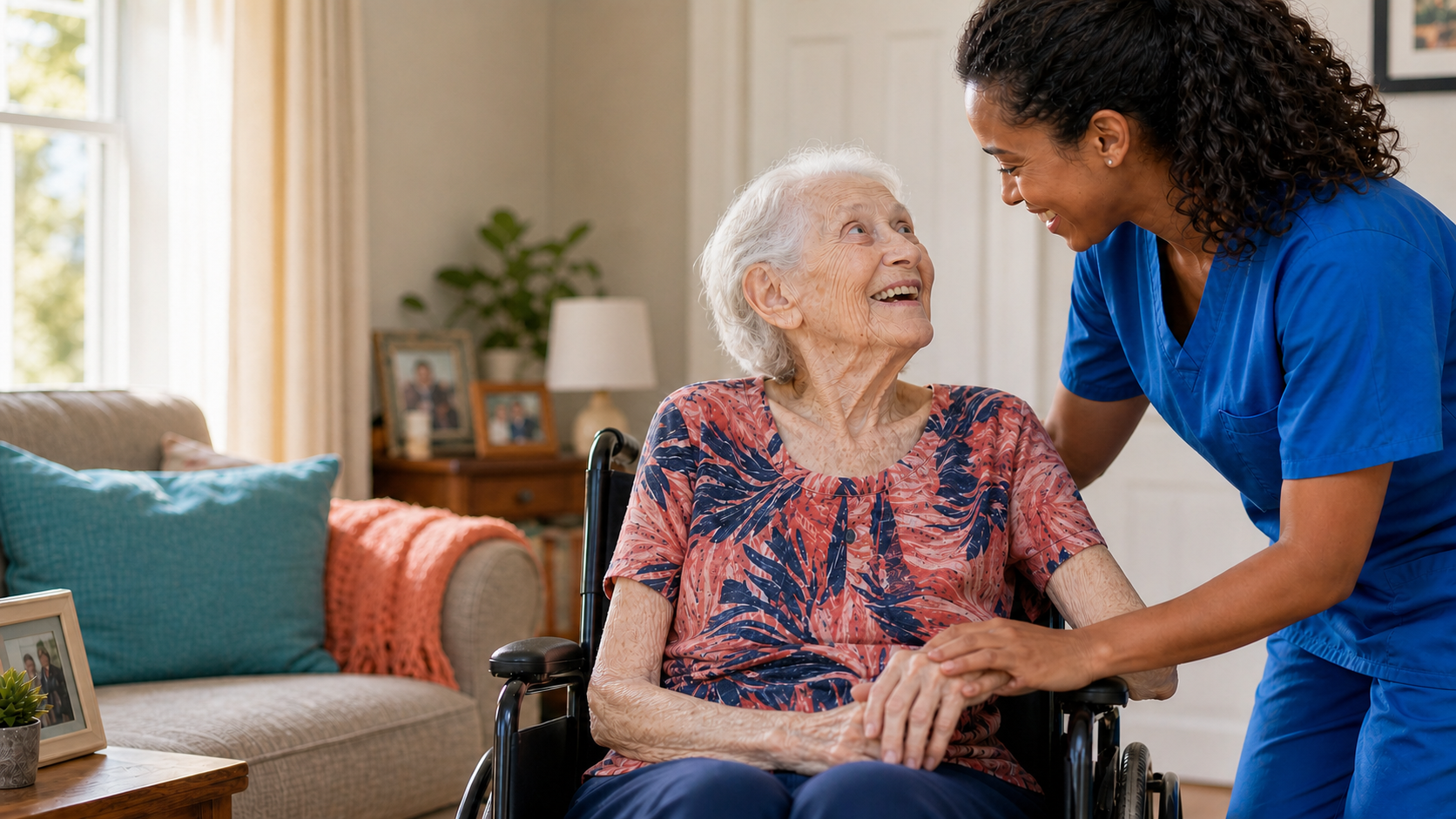 An older woman at home sharing a warm moment with a member of her care team